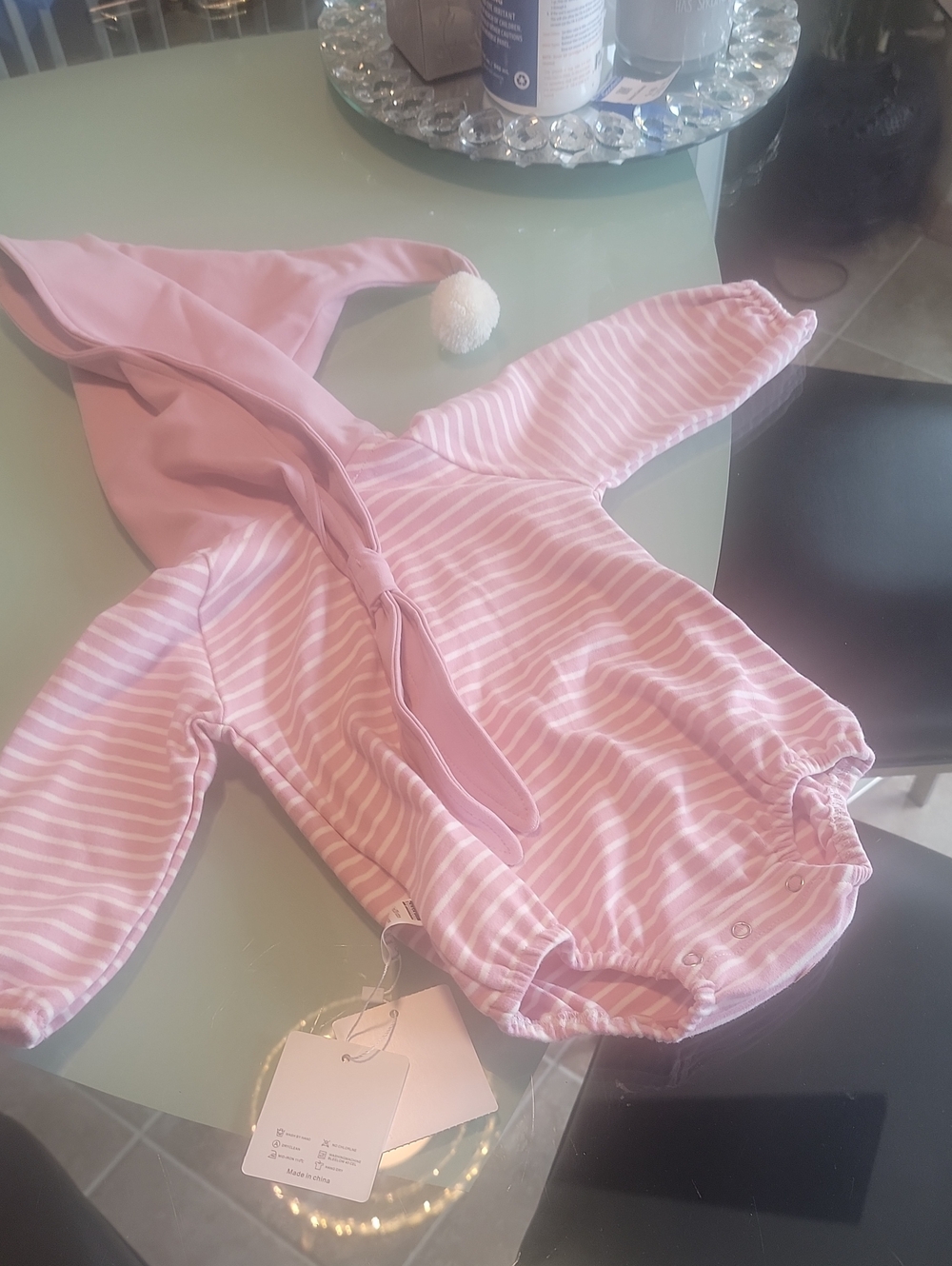 Striped Pink Hooded Baby One-Piece Bodysuit